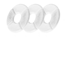 Three white ring-shaped replacement filters, fountain not shown