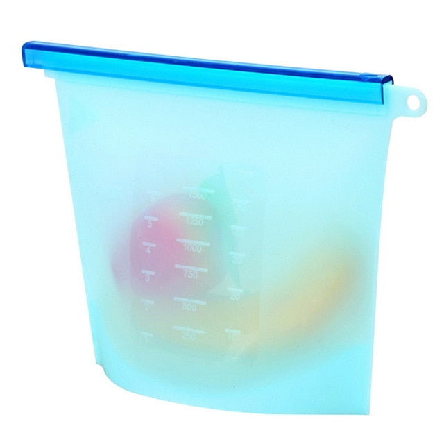 Blue silicone food storage bag with a sliding closure