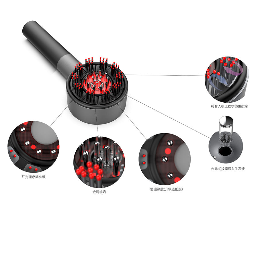 Scalp massage brush with close-ups of its LED head and applicator