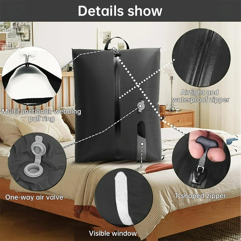 Travel bag detail graphic showing zipper, valve and carrying features