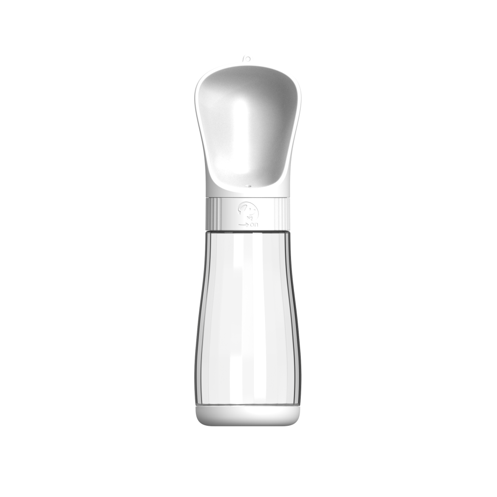 Tall white pet water bottle with built-in drinking trough