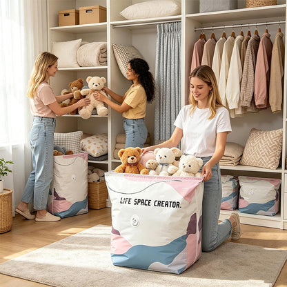 Compression storage bags shown beside a wardrobe