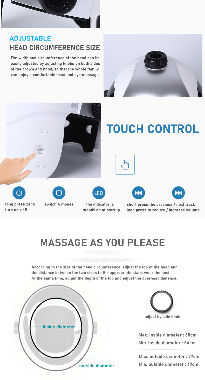 Head massager graphic showing adjustment and touch-control positions