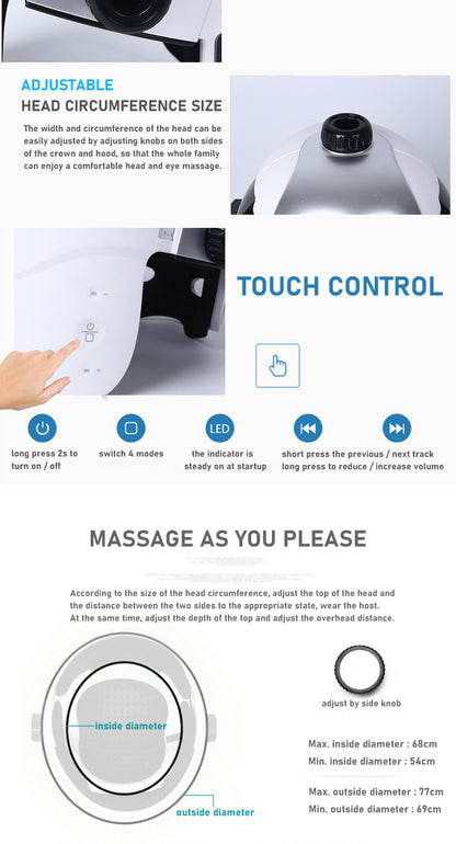 Head massager graphic showing adjustment and touch-control positions
