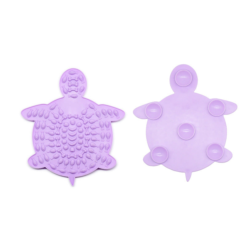 Front and underside of a purple lick mat showing its suction cups