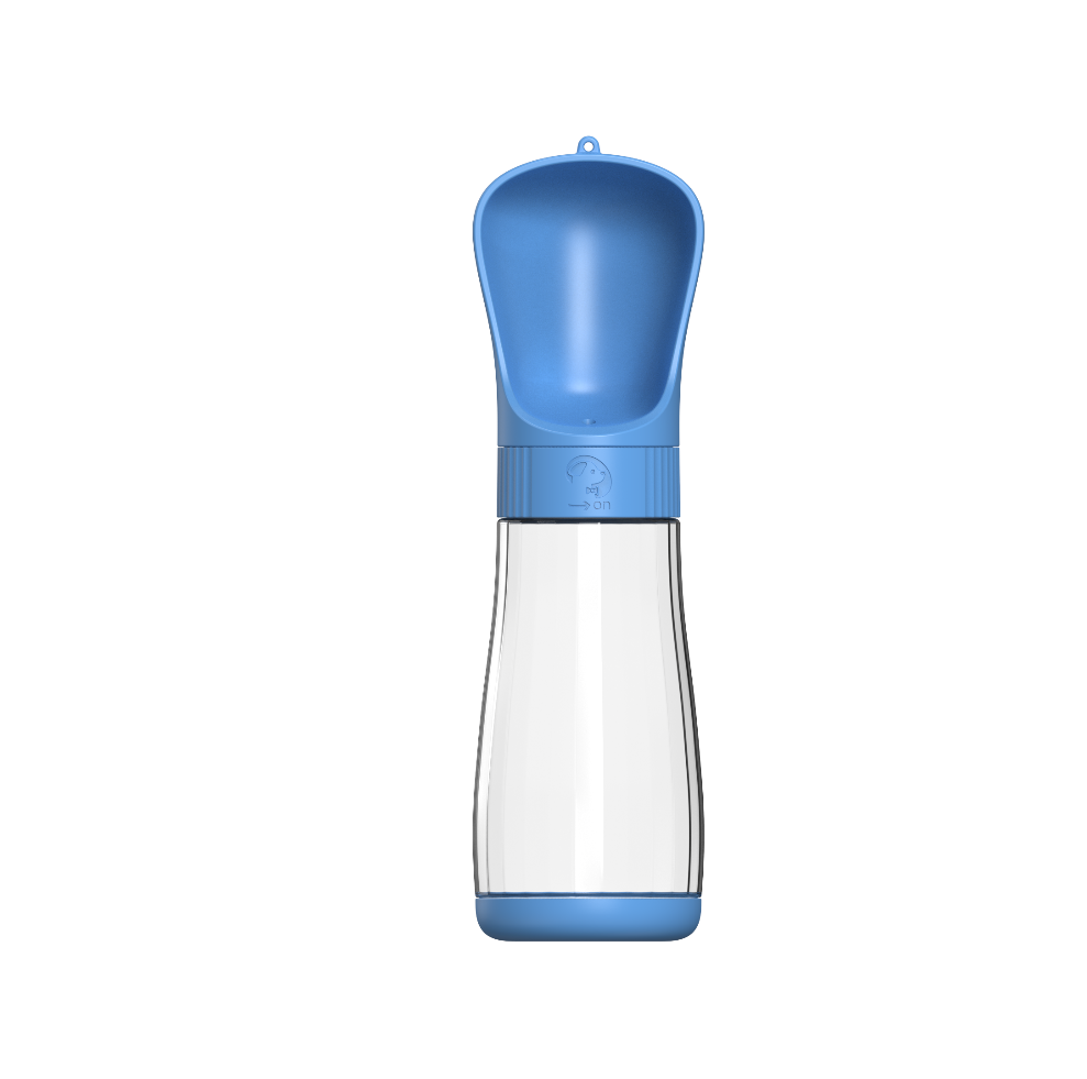 Tall blue pet water bottle with built-in drinking trough