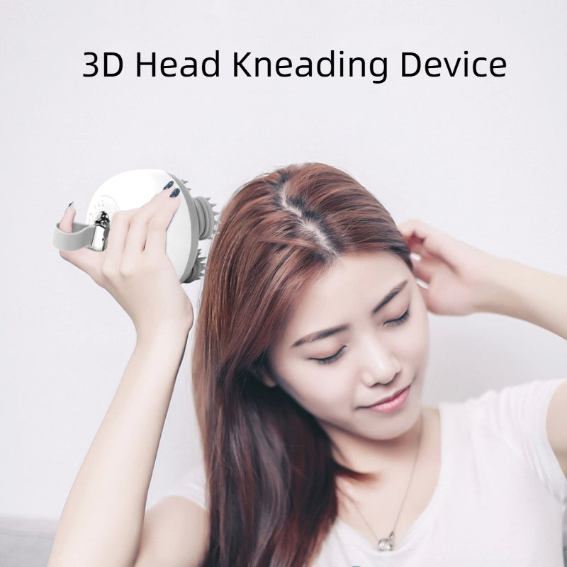 White handheld scalp massager being used at the side of the head