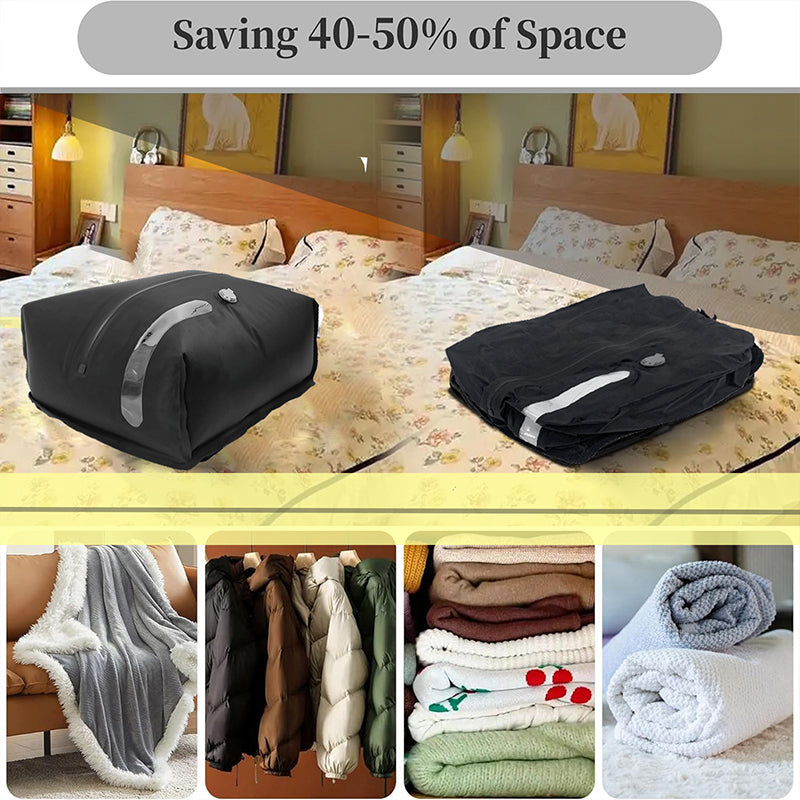 Compressed travel bag shown with bedding and clothing examples