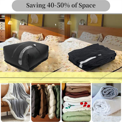 Compressed travel bag shown with bedding and clothing examples