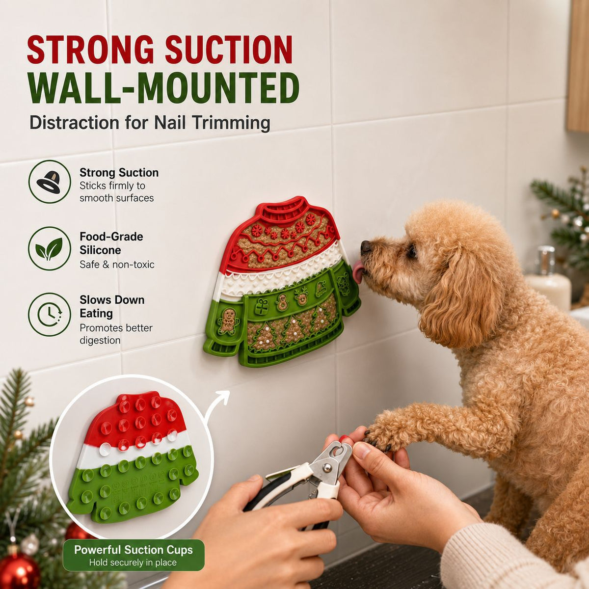 Dog using a suction-mounted Christmas lick mat during grooming