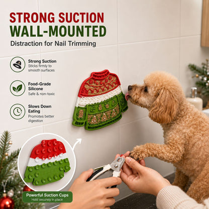 Dog using a suction-mounted Christmas lick mat during grooming