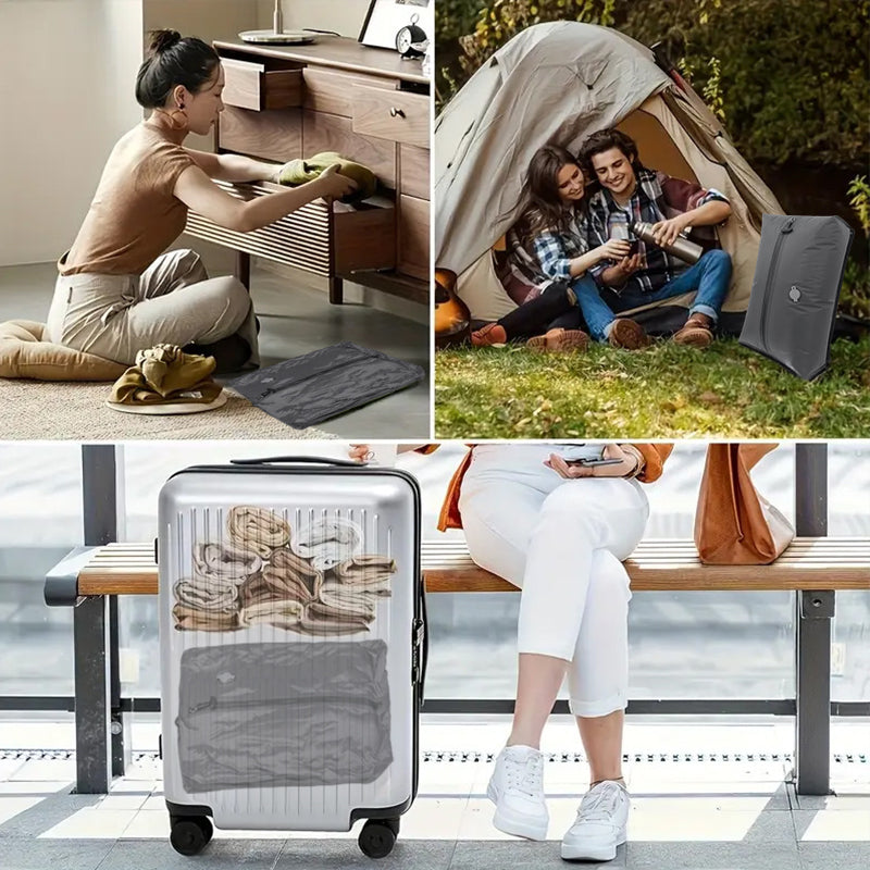Travel vacuum bag and pump shown in packing and camping scenes