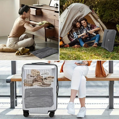 Travel vacuum bag and pump shown in packing and camping scenes