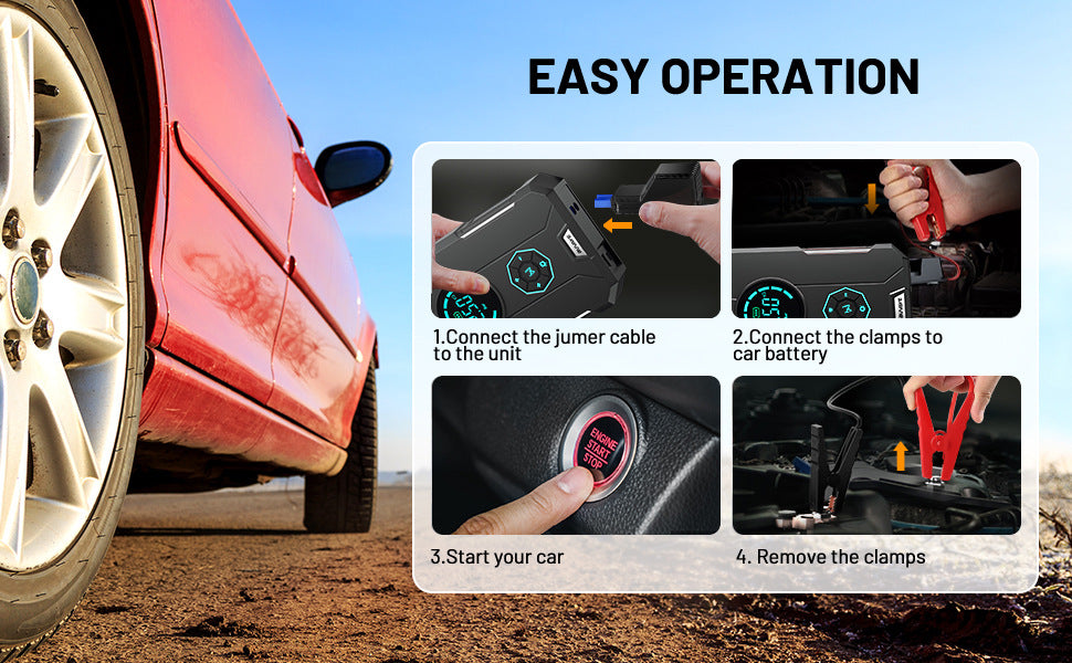 Illustrated connection steps for the combined jump starter model