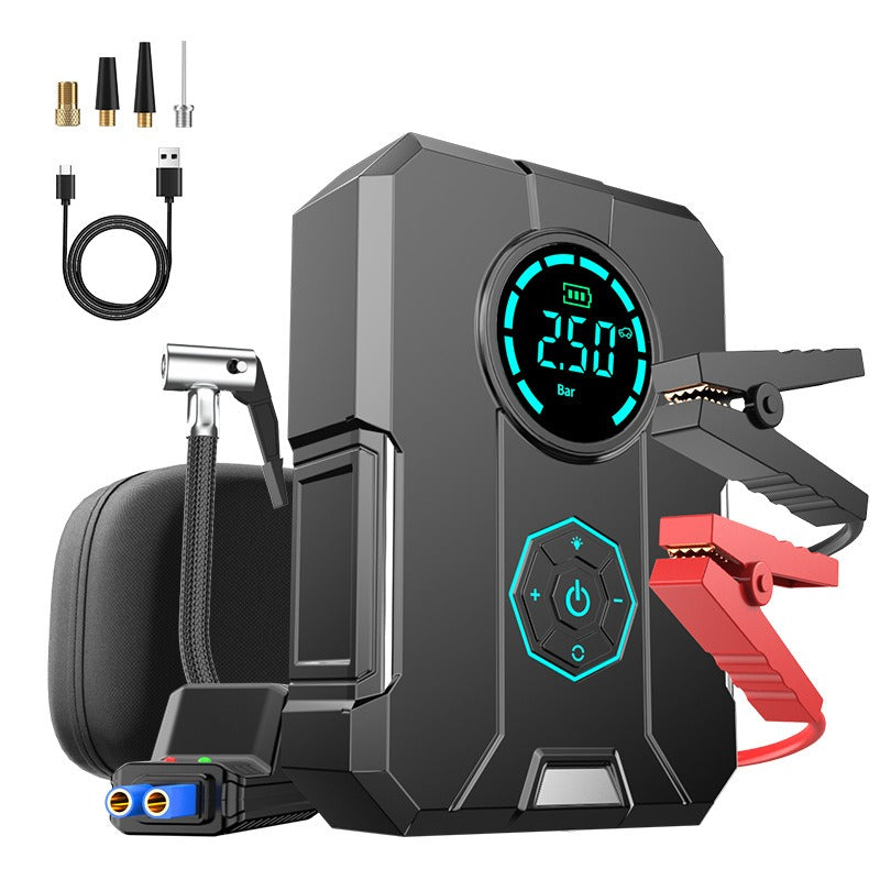 Angled view of the black inflator with battery clamps and accessories