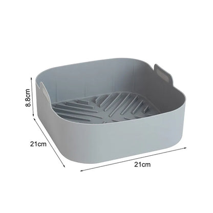 Gray silicone air fryer liner with dimensions and side handles
