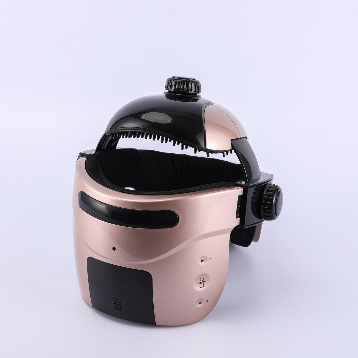 Side view of the gold-tone head massager and control panel