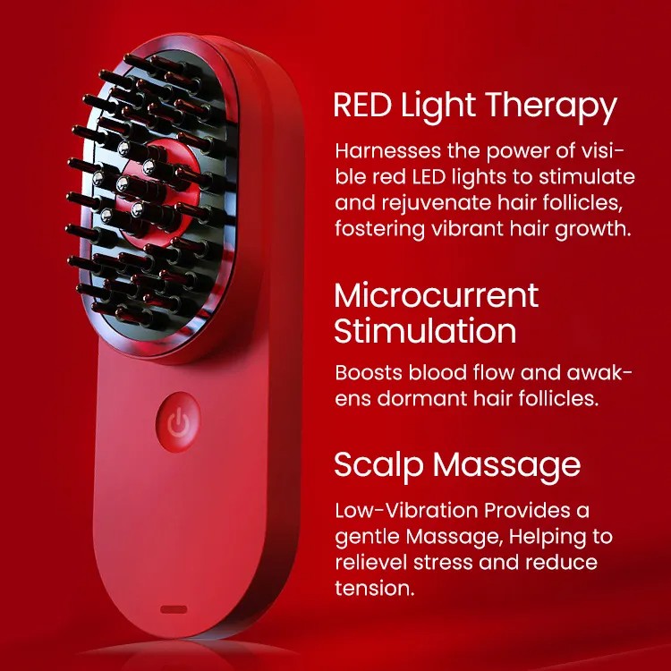 Red scalp comb with illuminated head beside promotional feature text