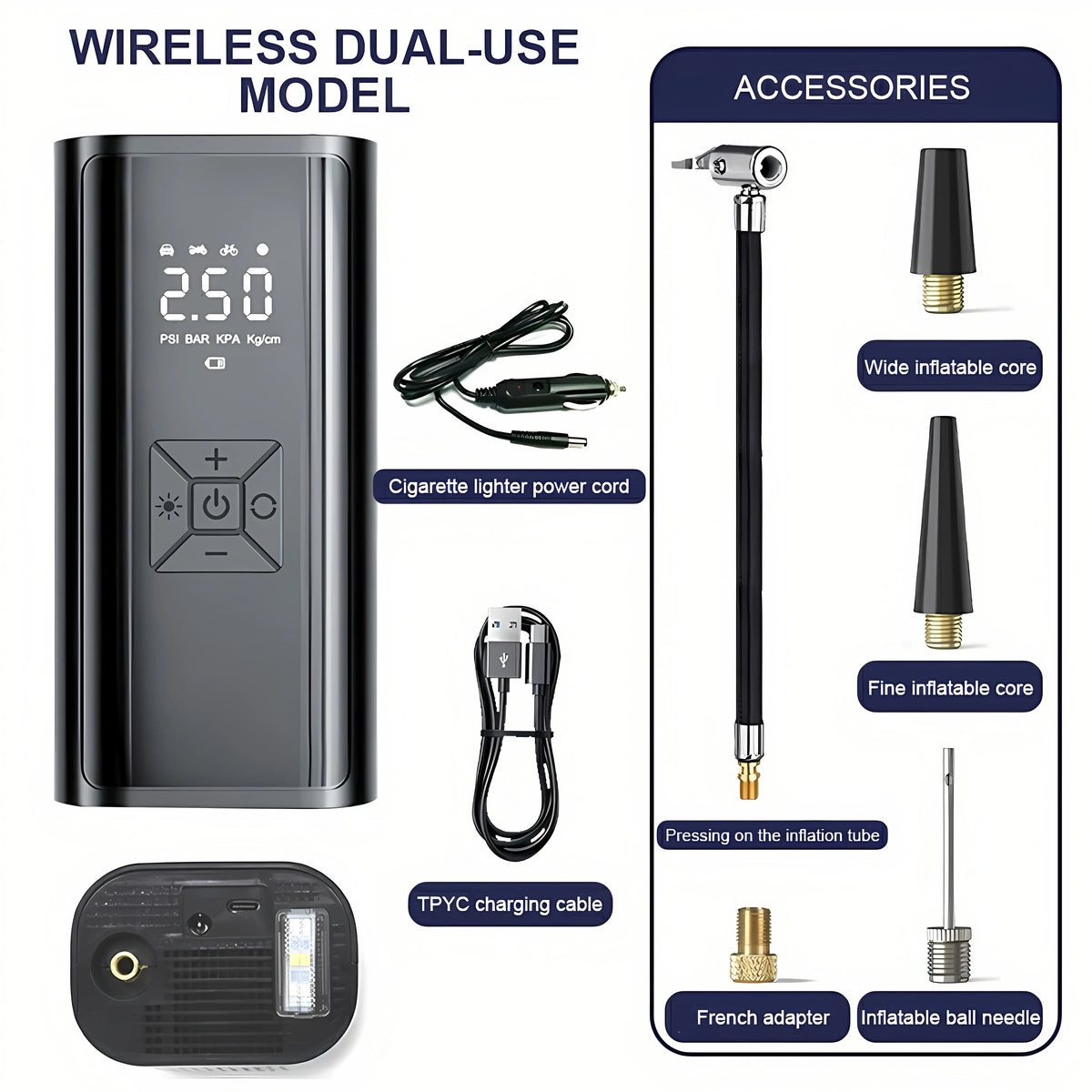 Dual-use digital tire inflator pictured with power cables, hose and adapters