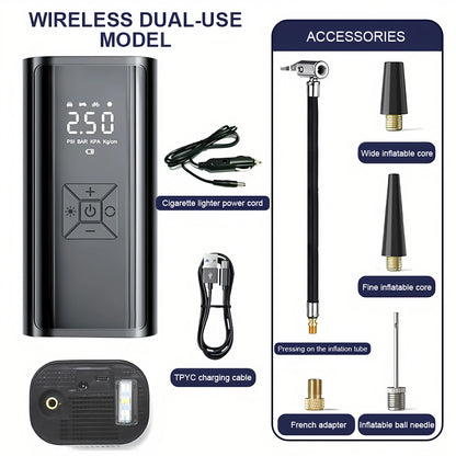 Dual-use digital tire inflator pictured with power cables, hose and adapters