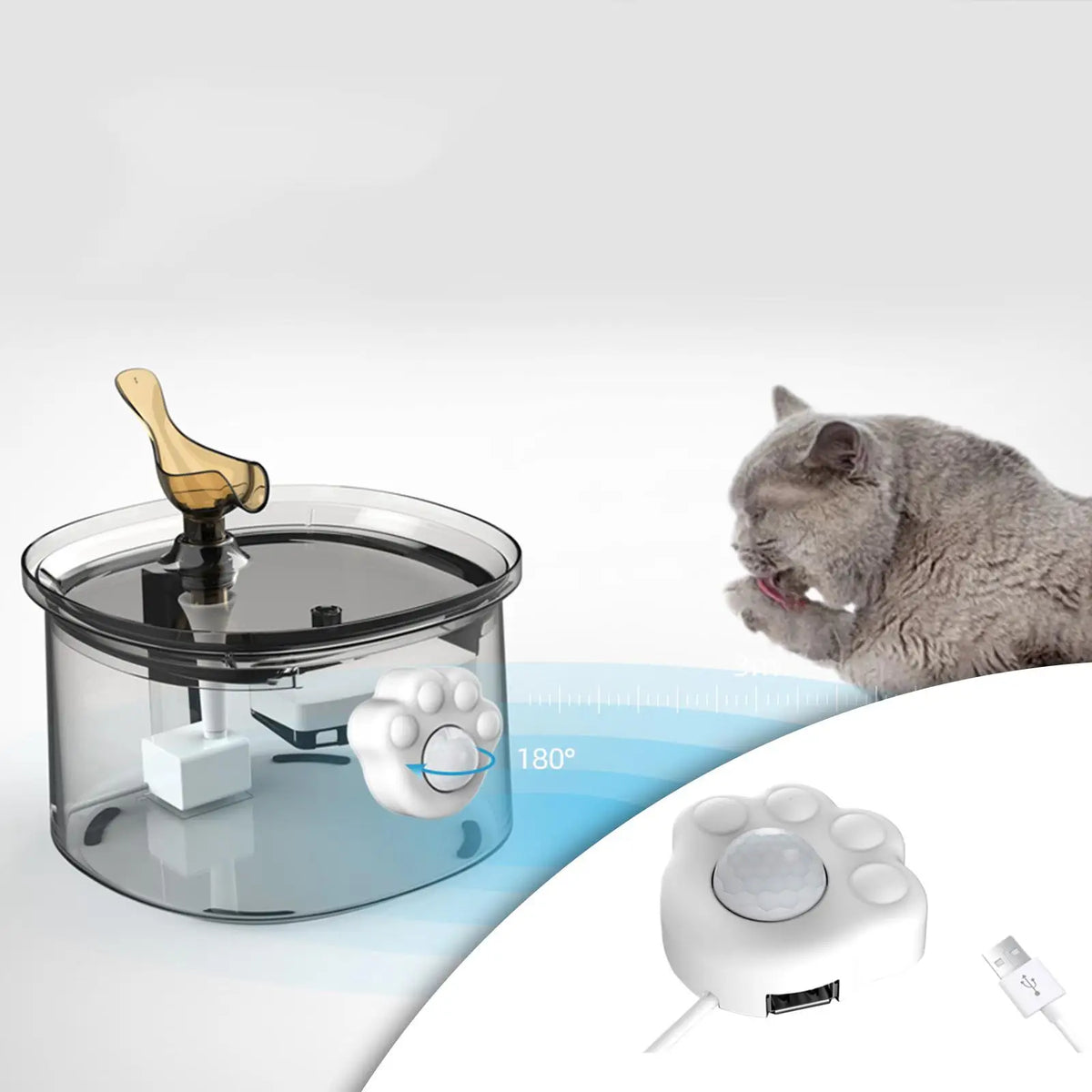External fountain sensor with a cat approaching the drinking area