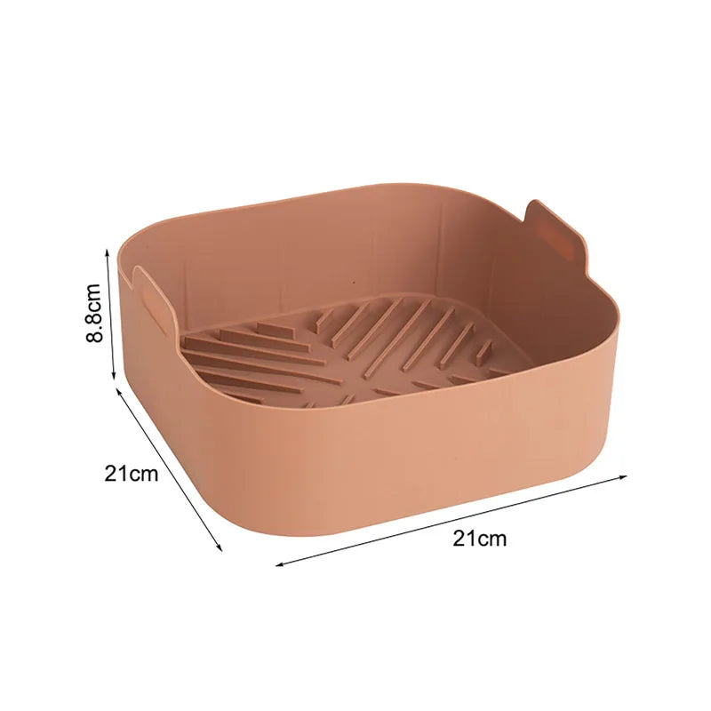 Khaki silicone air fryer liner with dimensions and side handles