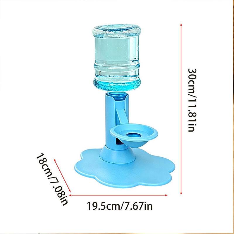 Blue adjustable-height pet water dispenser with dimension labels
