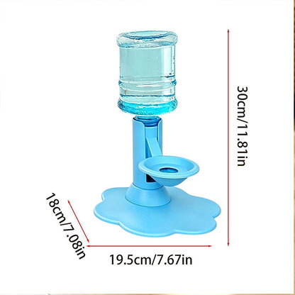 Blue adjustable-height pet water dispenser with dimension labels