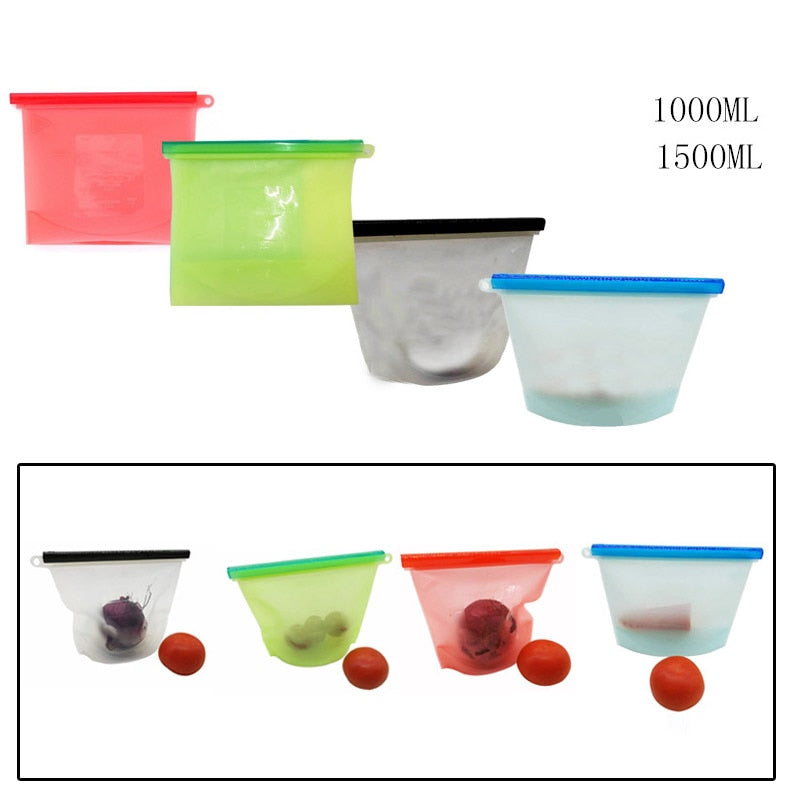Four silicone bag colors with 1000 ml and 1500 ml size labels