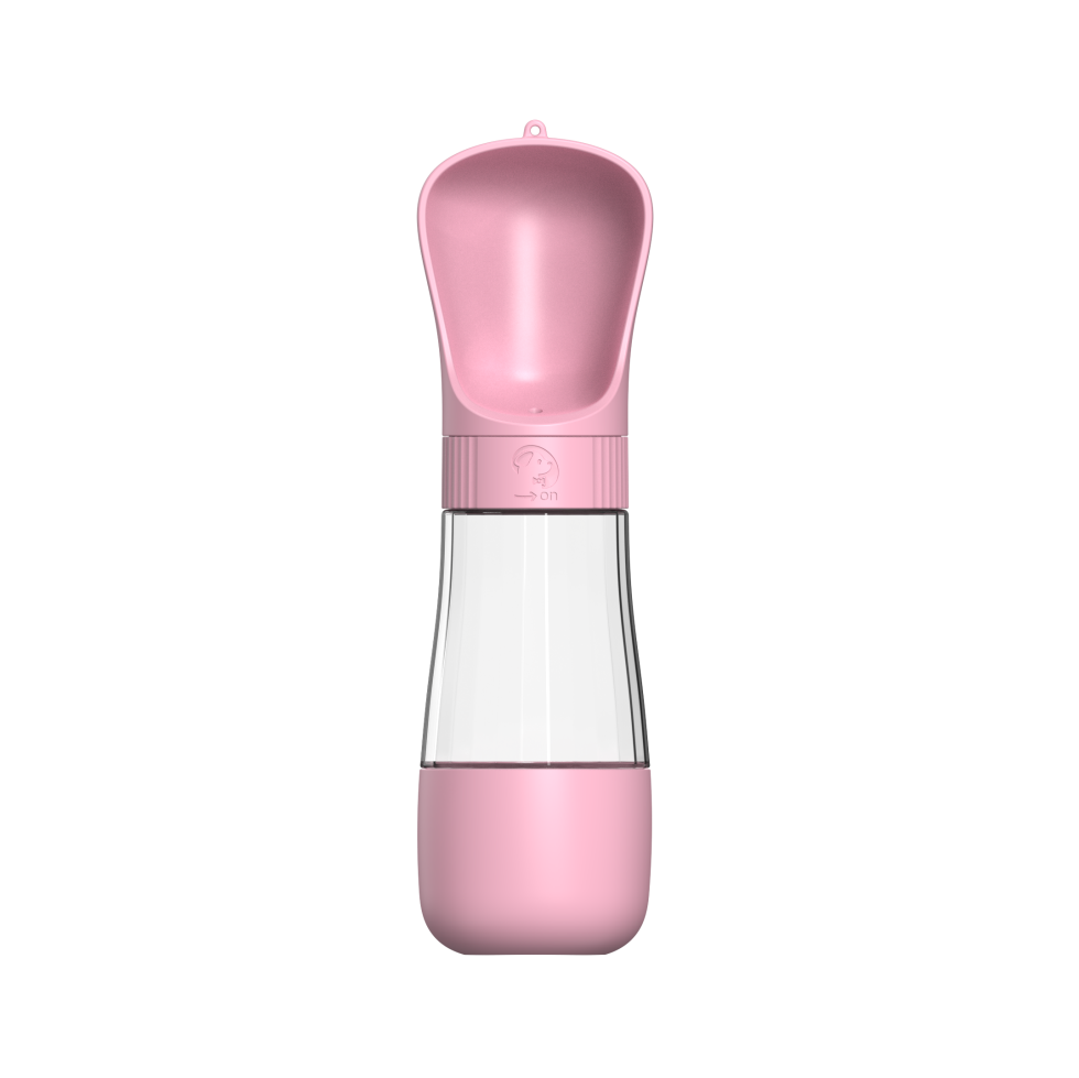 Pink pet water bottle with lower food-storage compartment