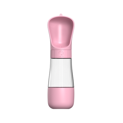 Pink pet water bottle with lower food-storage compartment