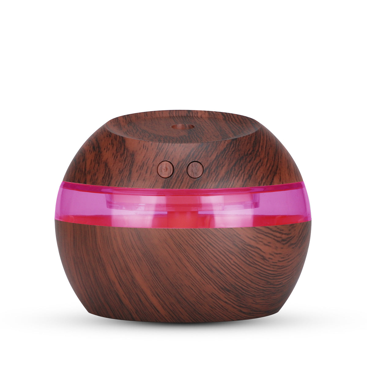 Dark woodgrain humidifier with a pink illuminated band