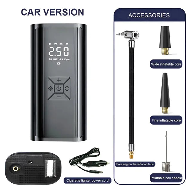 Vehicle-powered inflator option with socket cable and inflation adapters