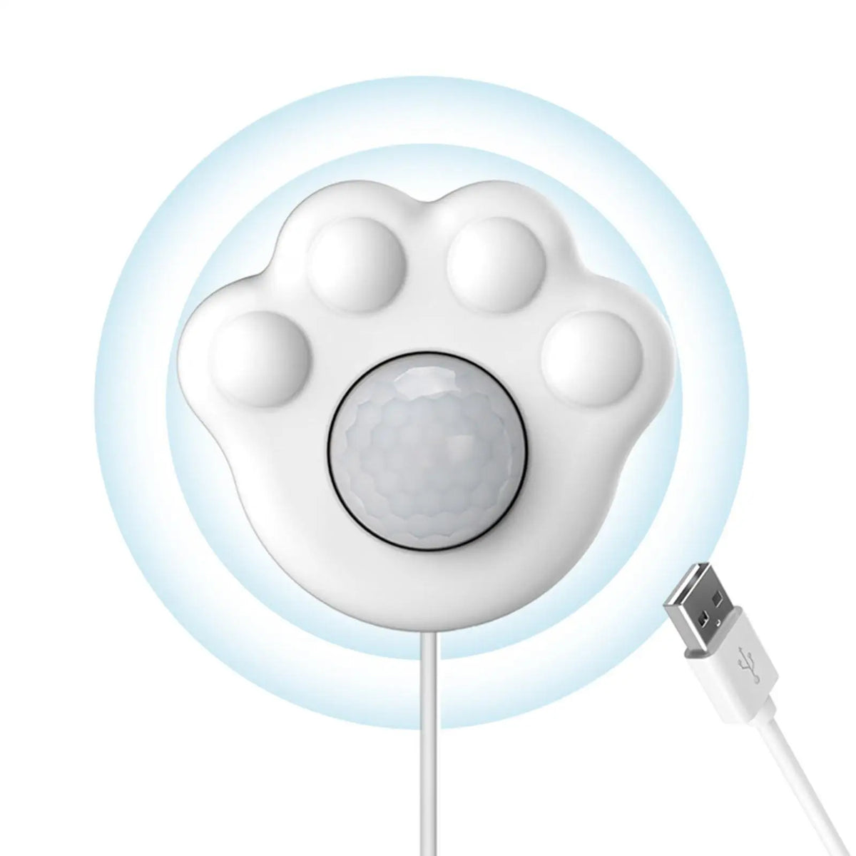 Front view of the paw-shaped fountain sensor and USB plug