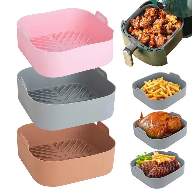Pink, gray and khaki air fryer liners shown with example foods
