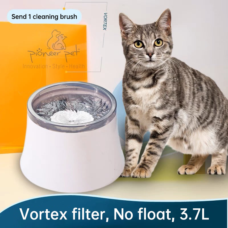 White vortex pet fountain pictured beside a cat and packaging