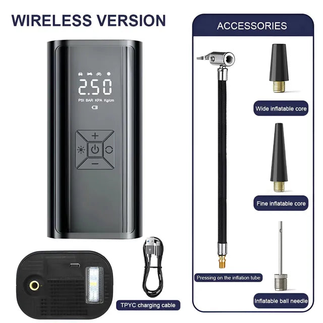 Wireless inflator option with charging cable and inflation adapters