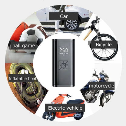 Digital tire inflator surrounded by illustrated applications