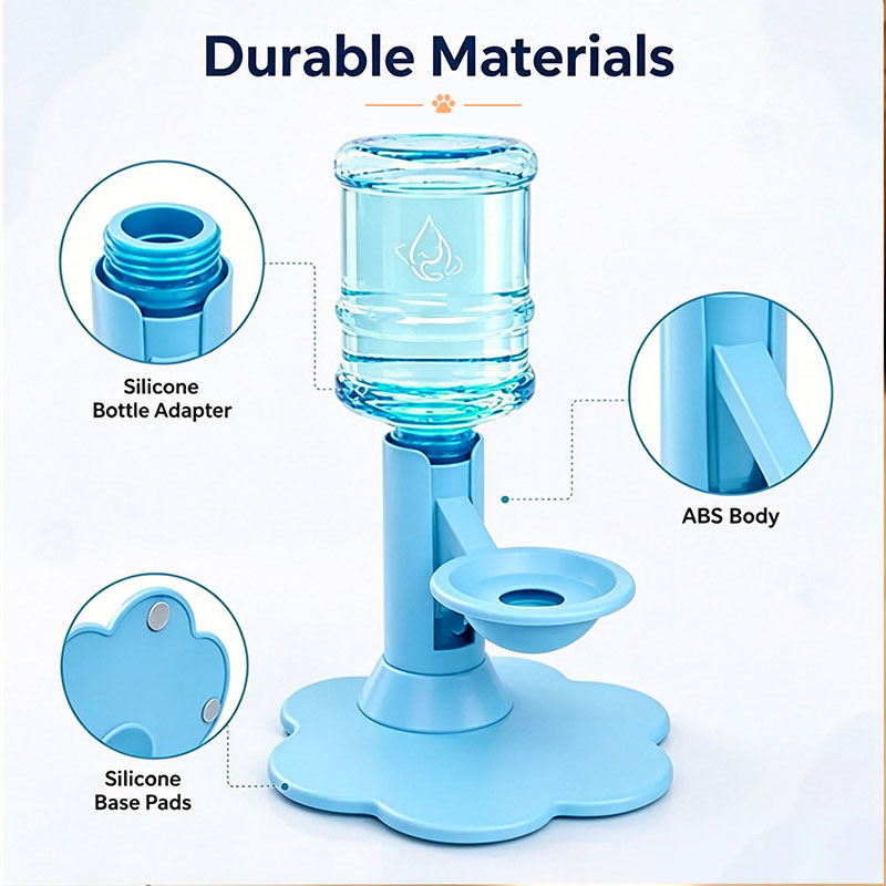 Blue dispenser with close-ups of the bottle adapter, body and base pads