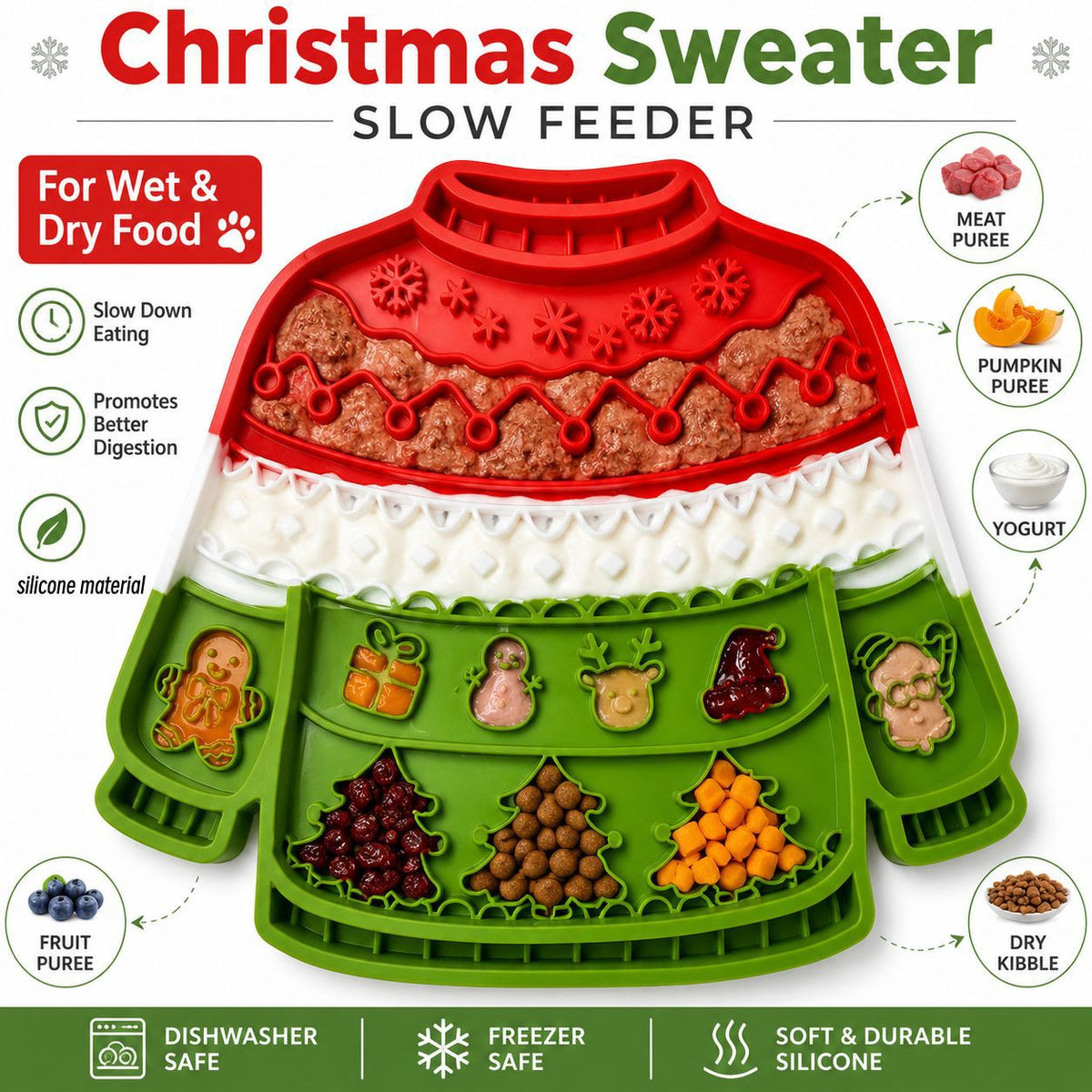 Christmas sweater-shaped pet lick mat filled with different treats