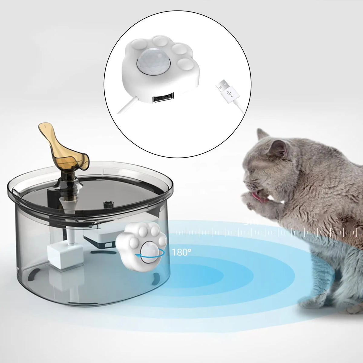 Paw-shaped sensor connection detail and fountain-use illustration