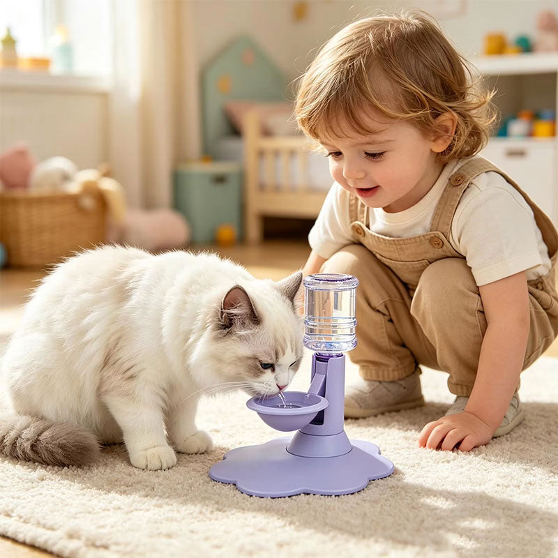 Cat using a purple dispenser beside a child
