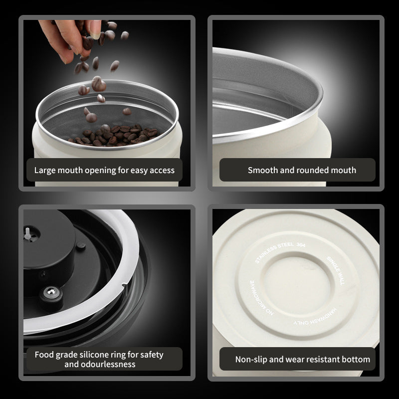 Close-ups of the canister opening, rim, lid seal and base