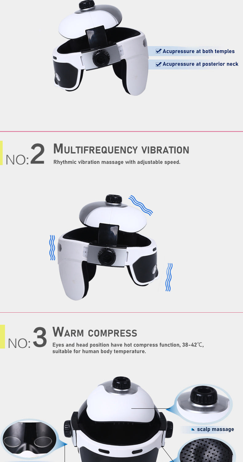 Illustrations of the head massager's vibration and warming functions
