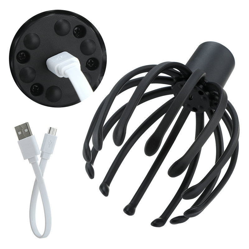 Black multi-arm massager with USB cable and charging-port close-up