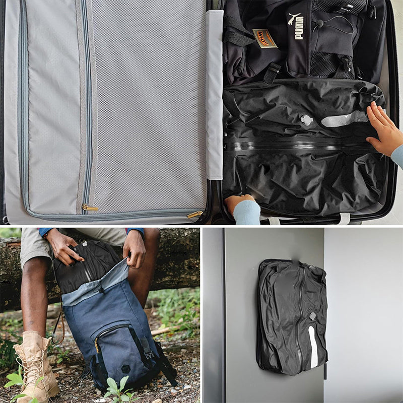 Compressed bags shown inside luggage and attached to a backpack