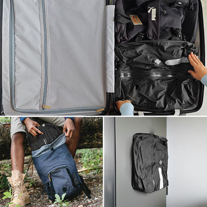Compressed bags shown inside luggage and attached to a backpack