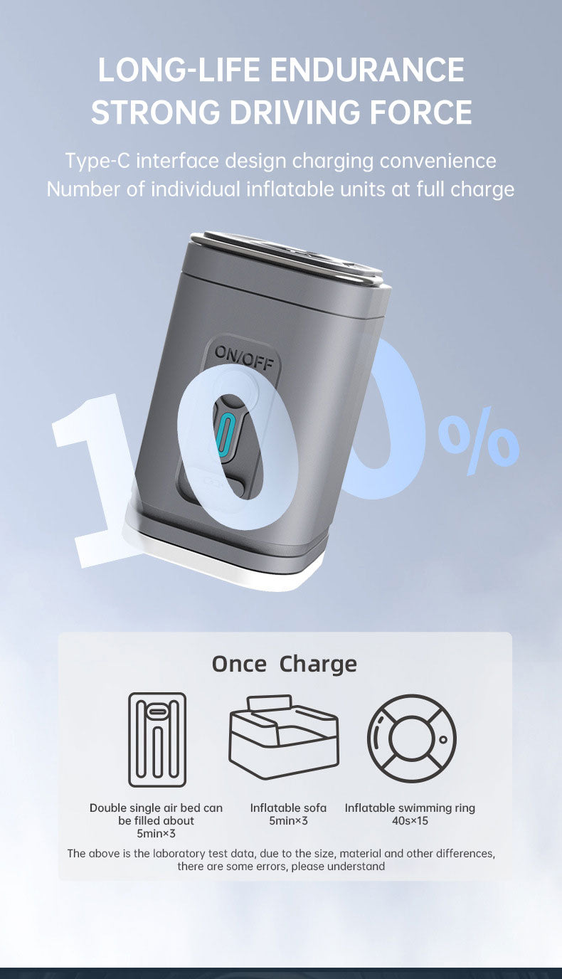 Gray air pump shown above diagrams of inflatable items