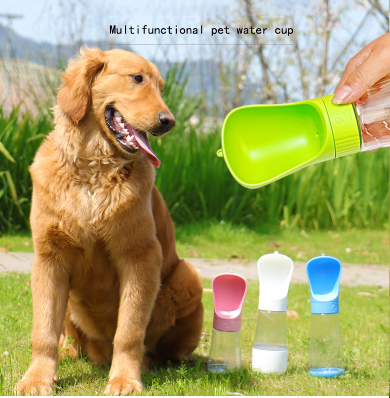 Dog beside a green portable pet water bottle with built-in drinking trough