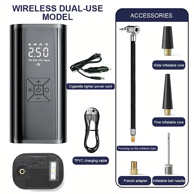 Dual-use inflator option with vehicle and USB charging cables